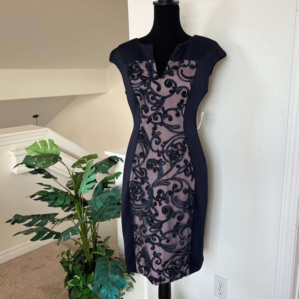 Connected Apparel‎ Navy Blue Mesh Sheath Dress, Size 6